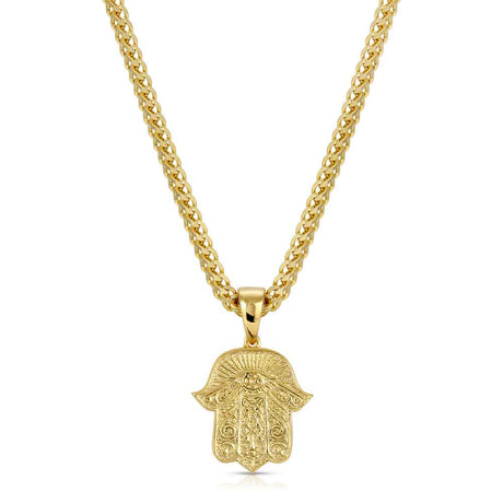 Hamsa Hand Gold Pendant Necklace & Franco Gold Chain The Gold Gods  front view